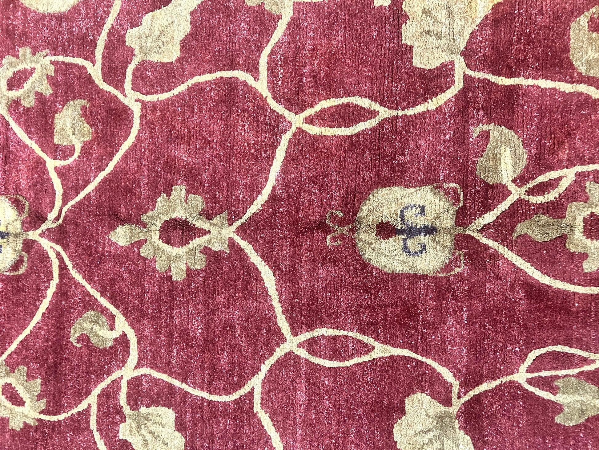 Tibetan Aubusson Rug 8x10, Maroon and Beige, Floral, Handmade, Wool, Vintage, Traditional Rug - Nuvé