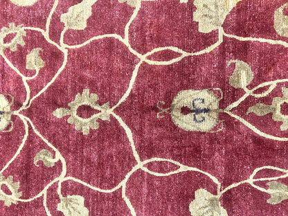 Tibetan Aubusson Rug 8x10, Maroon and Beige, Floral, Handmade, Wool, Vintage, Traditional Rug - Nuvé