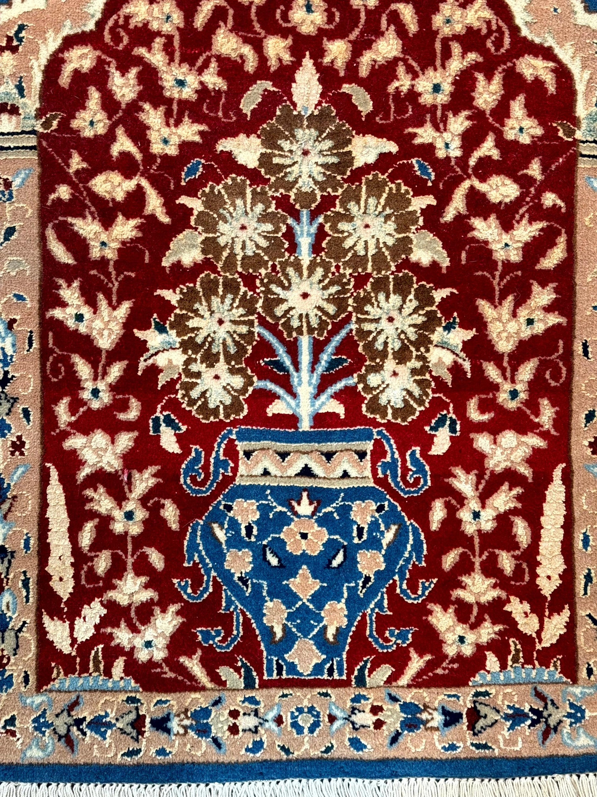 Small Persian Nain Rug, Persian Vase Tree of Life Design, Red and Blue, Very Fine 260 KPSI, Wool and Silk Highlights - Nuvé