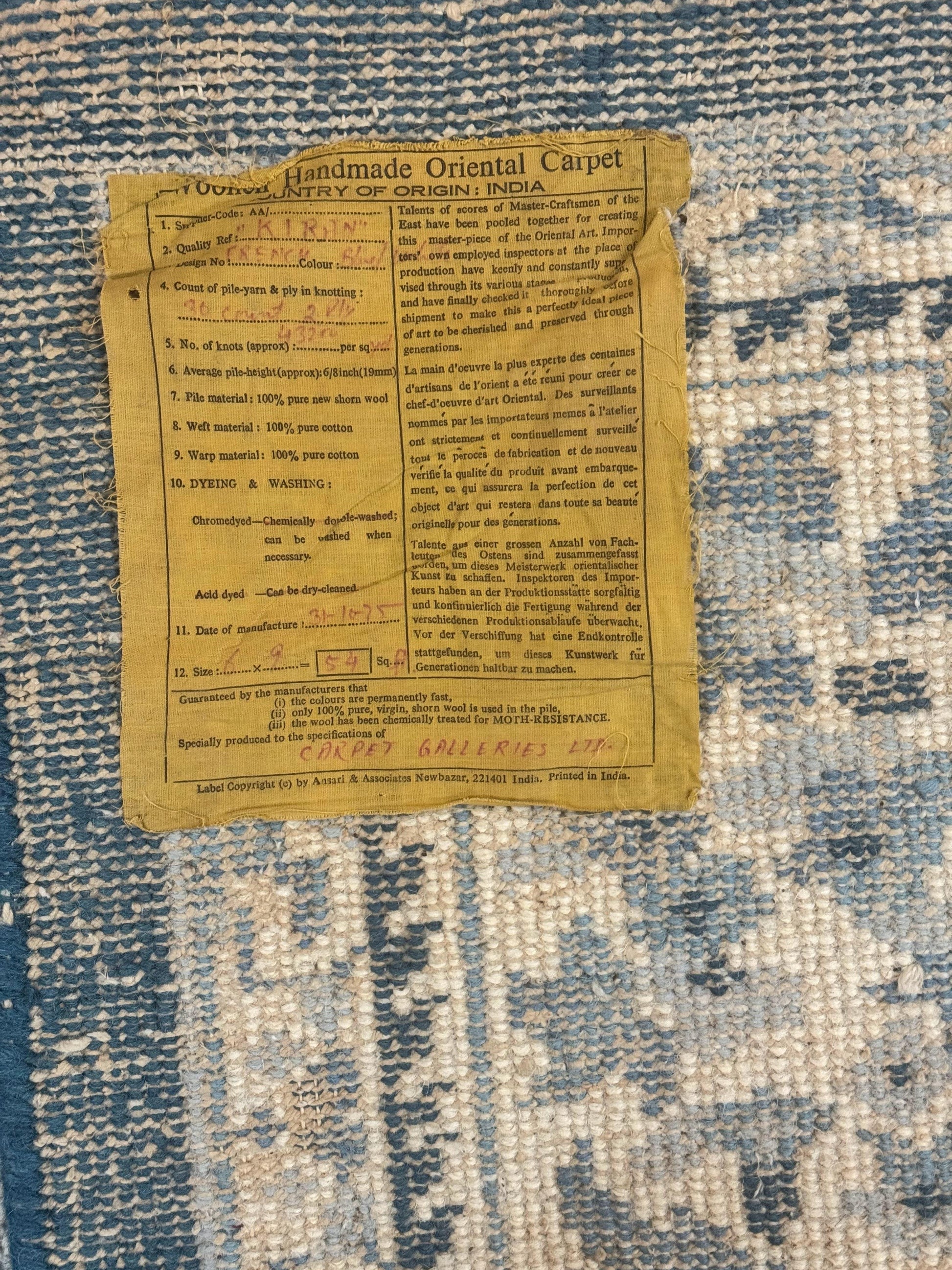 Indo Chinese Aubusson Rug 6x9, Light Blue and Ivory, Handmade Vintage Wool Carpet - Nuvé