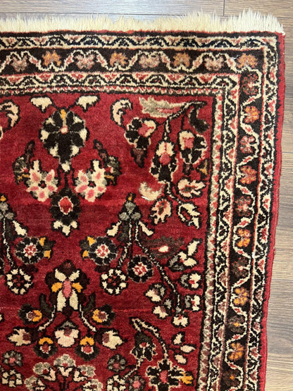 Small Persian Sarouk Rug 2x4 ft, Allover Floral Pattern, Red Black Cream, Hand Knotted Wool Traditional Oriental Carpet, Antique Persian Rug 2 x 4 - Nuvé