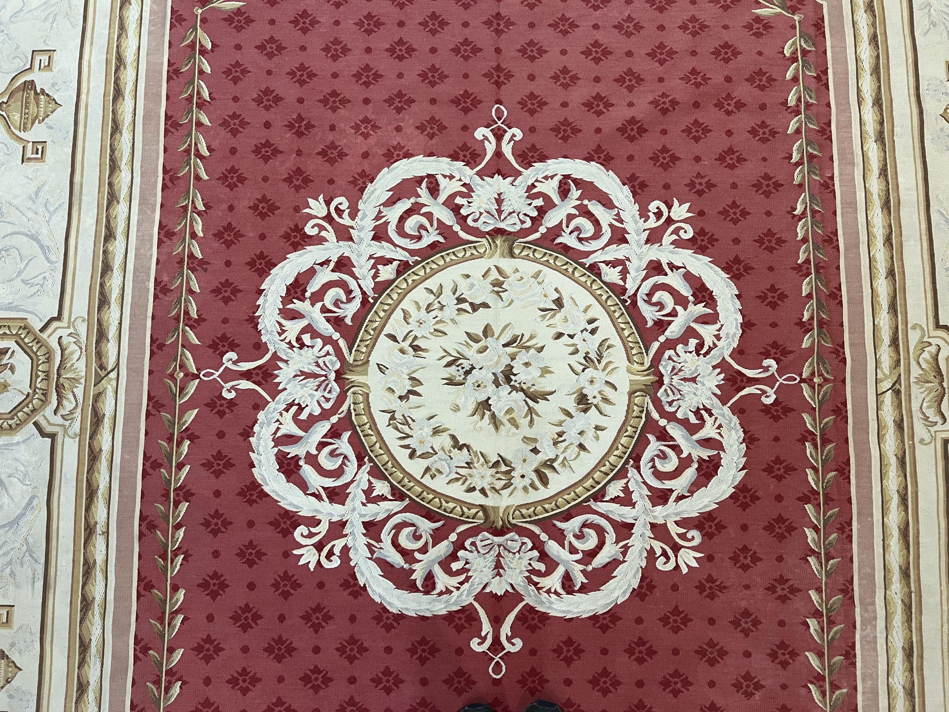 Aubusson Rug 9x12 ft, Red and Ivory Elegant Aubusson Carpet, Flatweave, Vintage Wool Handmade Area Rug 9 x 12, French European Design - Nuvé