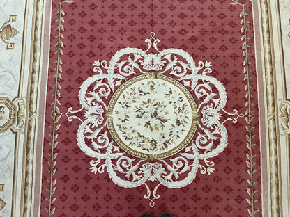 Aubusson Rug 9x12 ft, Red and Ivory Elegant Aubusson Carpet, Flatweave, Vintage Wool Handmade Area Rug 9 x 12, French European Design - Nuvé