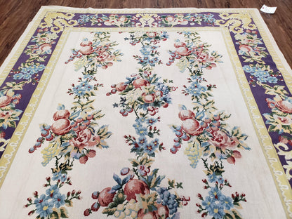 Vintage Chinese Floral Needlepoint Area Rug 6x9, Wool Hand-Woven Handmade Flatweave Rug, Ivory & Purple, Fruits Grapes Apples, Dining Room - Nuvé
