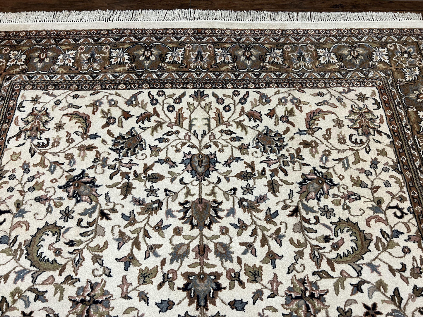 Indo Kirman Rug 8x12 Allover Floral Design, Ivory/Cream Brown, Vintage Handmade Hand Knotted Rug, Traditional Wool Persian Carpet 8 x 12 - Nuvé