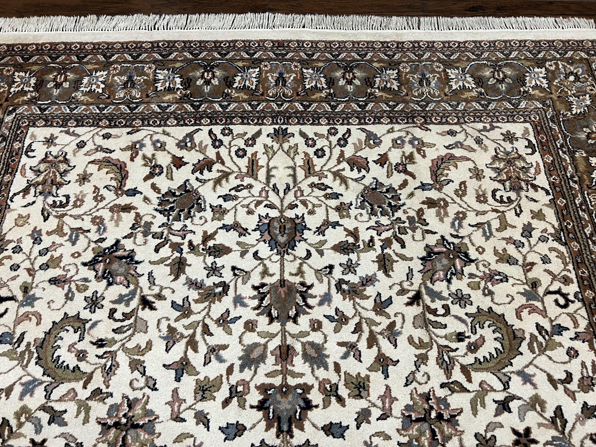 Indo Kirman Rug 8x12 Allover Floral Design, Ivory/Cream Brown, Vintage Handmade Hand Knotted Rug, Traditional Wool Persian Carpet 8 x 12 - Nuvé