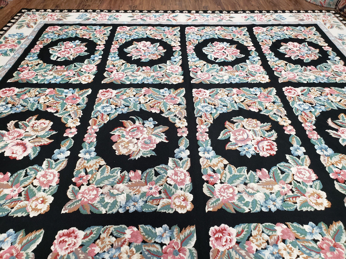 Floral Needlepoint Rug 9.5 x 13.6, Floral Panel Design, Black and Ivory Flatweave Aubusson Carpet, Multicolor - Nuvé