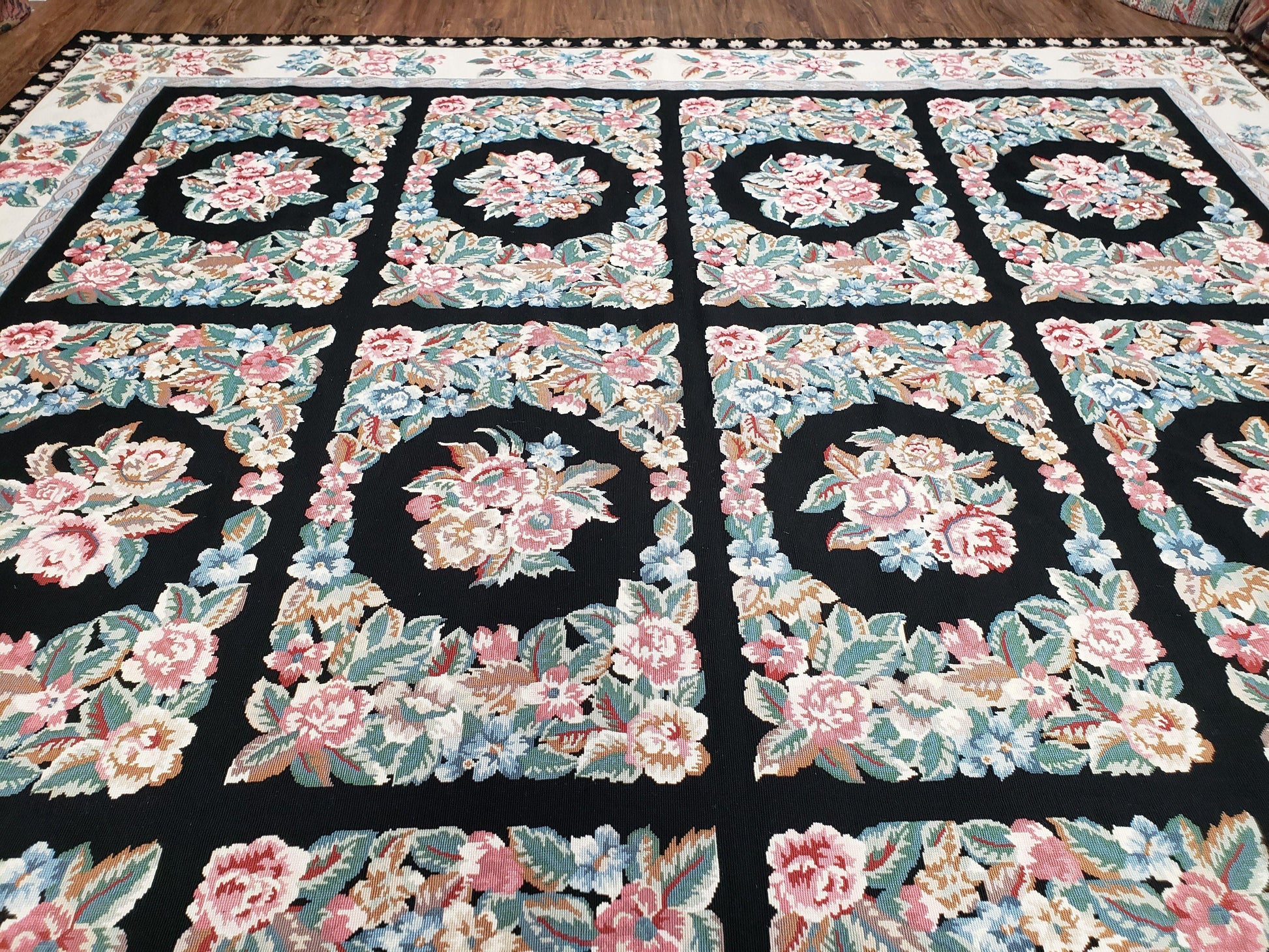 Floral Needlepoint Rug 9.5 x 13.6, Floral Panel Design, Black and Ivory Flatweave Aubusson Carpet, Multicolor - Nuvé