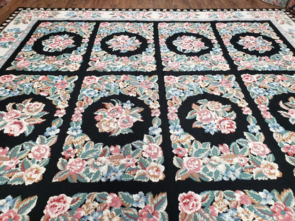 Floral Needlepoint Rug 9.5 x 13.6, Floral Panel Design, Black and Ivory Flatweave Aubusson Carpet, Multicolor - Nuvé