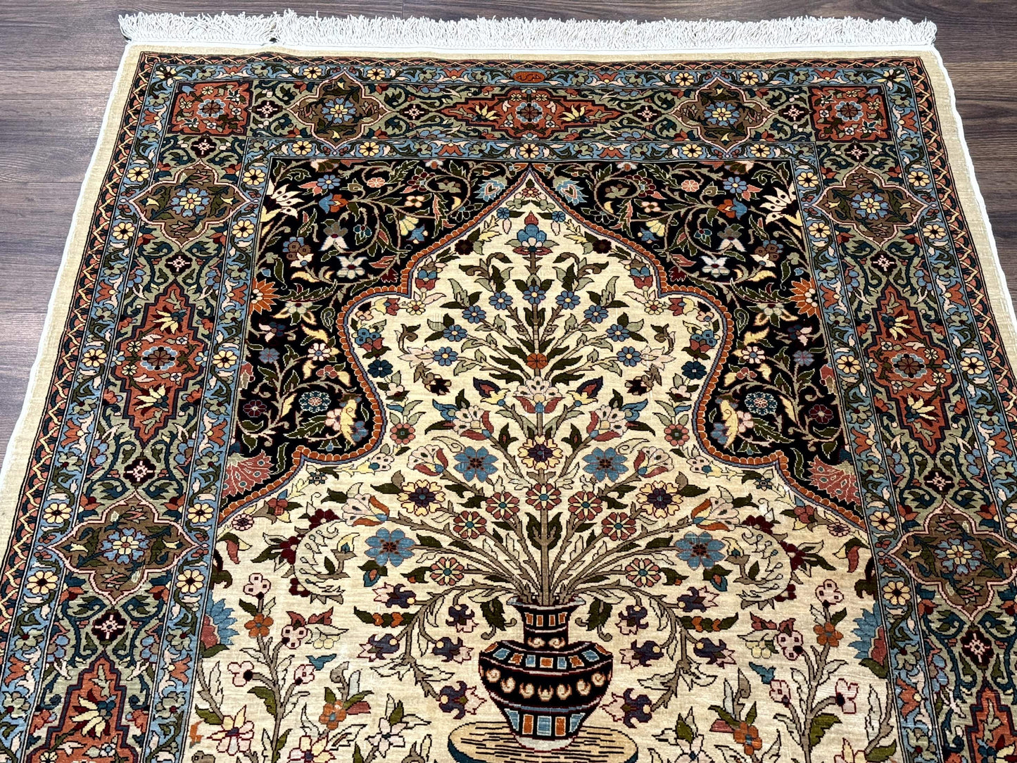 Rare Turkish Hereke Silk Rug 3x5, Tree of Life Persian Vase Design, Very Fine 440 KPSI, Signed - Nuvé