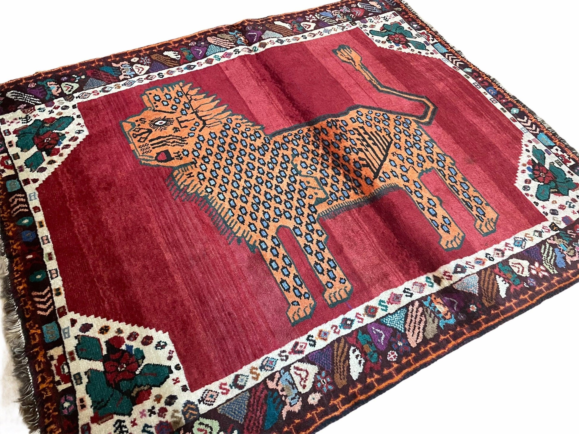 Antique Persian Gabbeh Wool Rug 4x5, Lion Pictorial Rug, Red Orange Black, Hand Knotted Handmade Vintage Gabbeh Carpet 4 x 5 ft, Tribal Rug - Nuvé