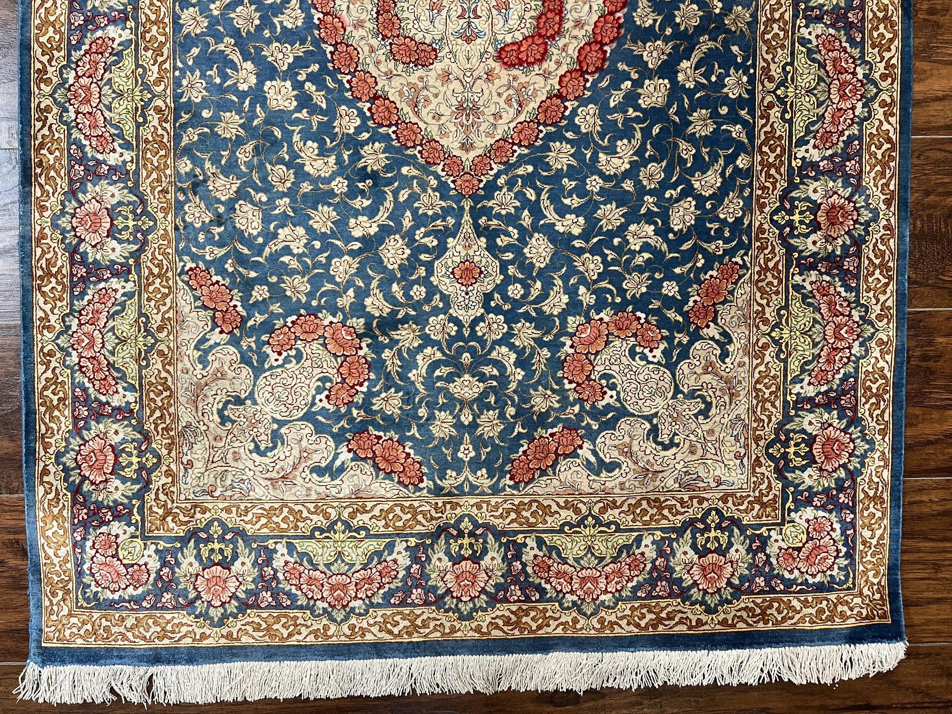 Magnificent Persian Qum Silk Rug 3x5, Blue, Super Fine 675 KPSI - 70 Raj, Floral Roses, Handmade Vintage Silk Carpet, Masterpiece - Nuvé