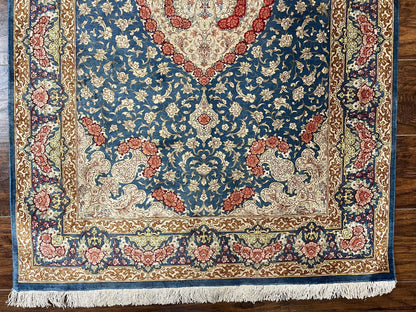 Magnificent Persian Qum Silk Rug 3x5, Blue, Super Fine 675 KPSI - 70 Raj, Floral Roses, Handmade Vintage Silk Carpet, Masterpiece - Nuvé