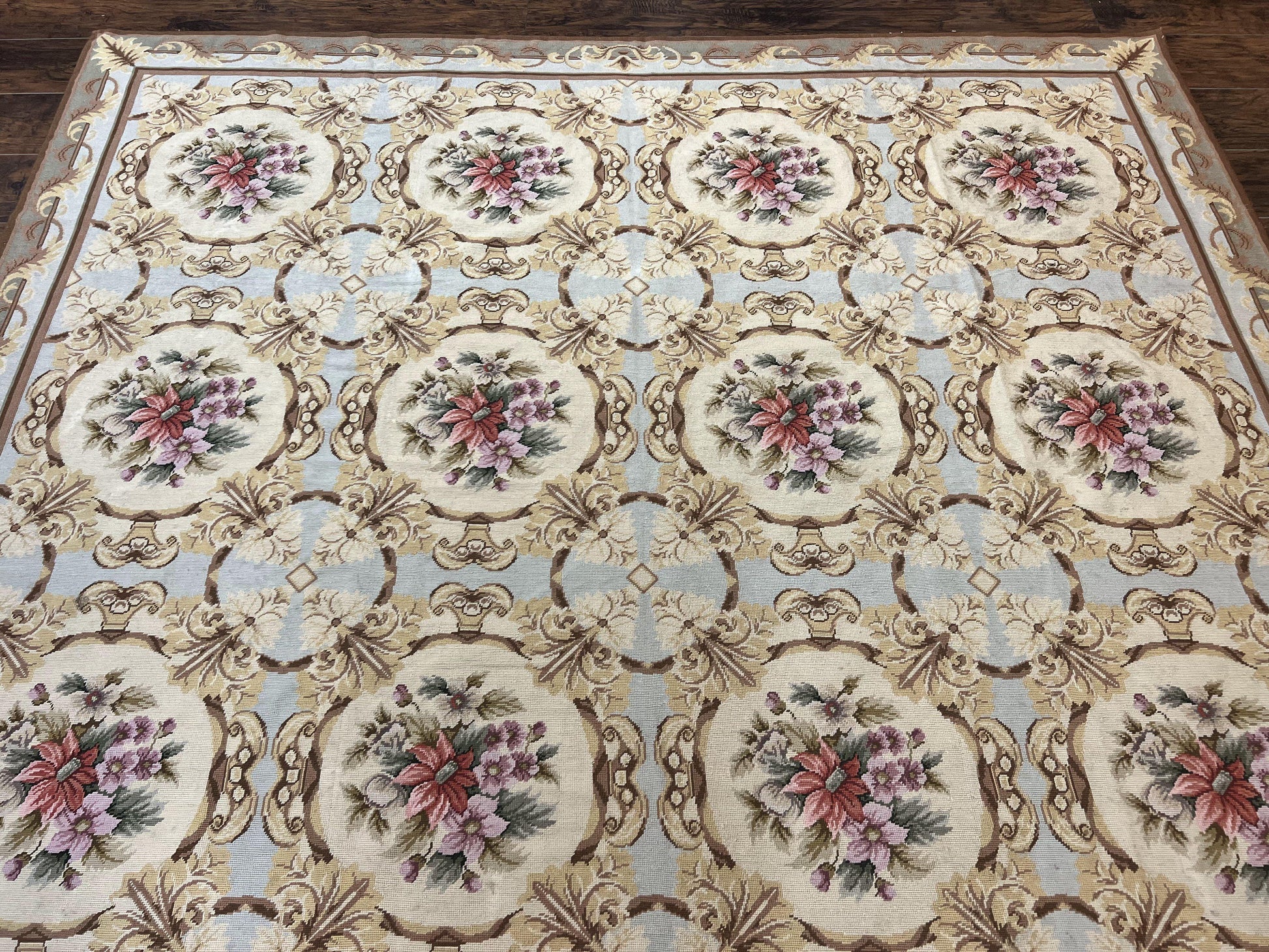 Chinese Needlepoint Rug 8x11, Handmade Wool Needlepoint Carpet, Vintage, Sky Blue - Nuvé