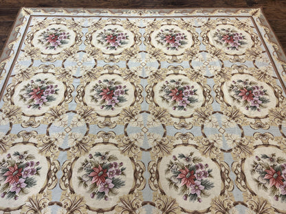 Chinese Needlepoint Rug 8x11, Handmade Wool Needlepoint Carpet, Vintage, Sky Blue - Nuvé