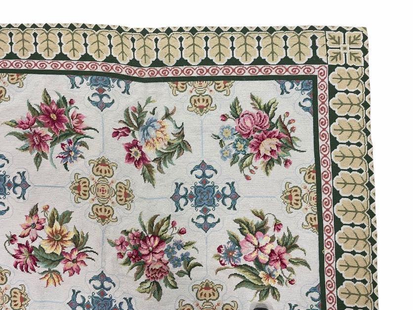 Hand-Knotted Needlepoint Carpet 6x9, Ivory/Cream Background, Colorful Flowers, Yellow Border, Aubusson Rug 6 x 9, New, Handmade - Nuvé