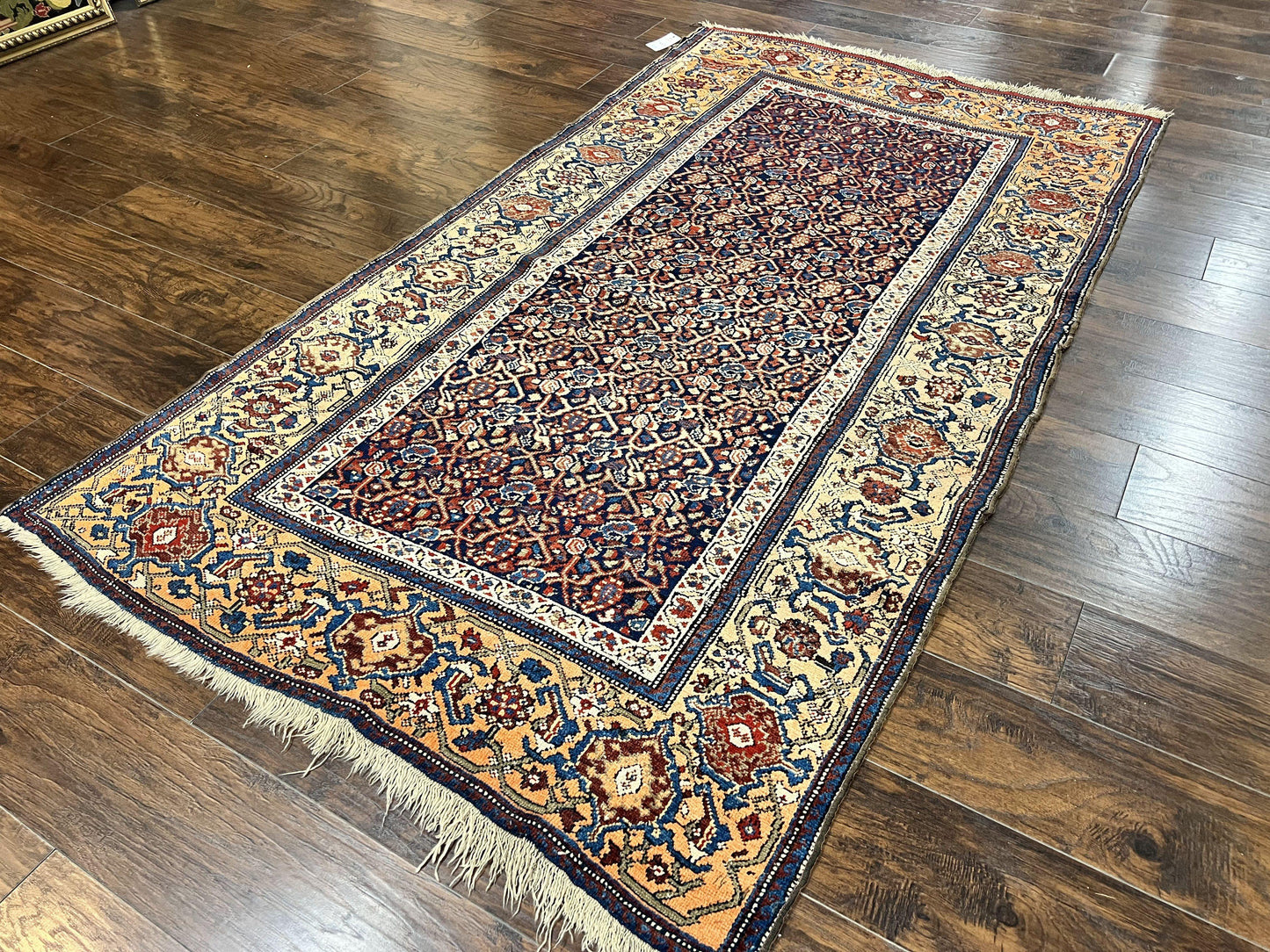 Persian Senneh Rug 4x8, Wool Hand Knotted Antique Kurdish Carpet, Navy Blue Oriental Area Rug, 4 x 8 Rug - Nuvé