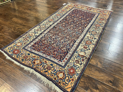Persian Senneh Rug 4x8, Wool Hand Knotted Antique Kurdish Carpet, Navy Blue Oriental Area Rug, 4 x 8 Rug - Nuvé