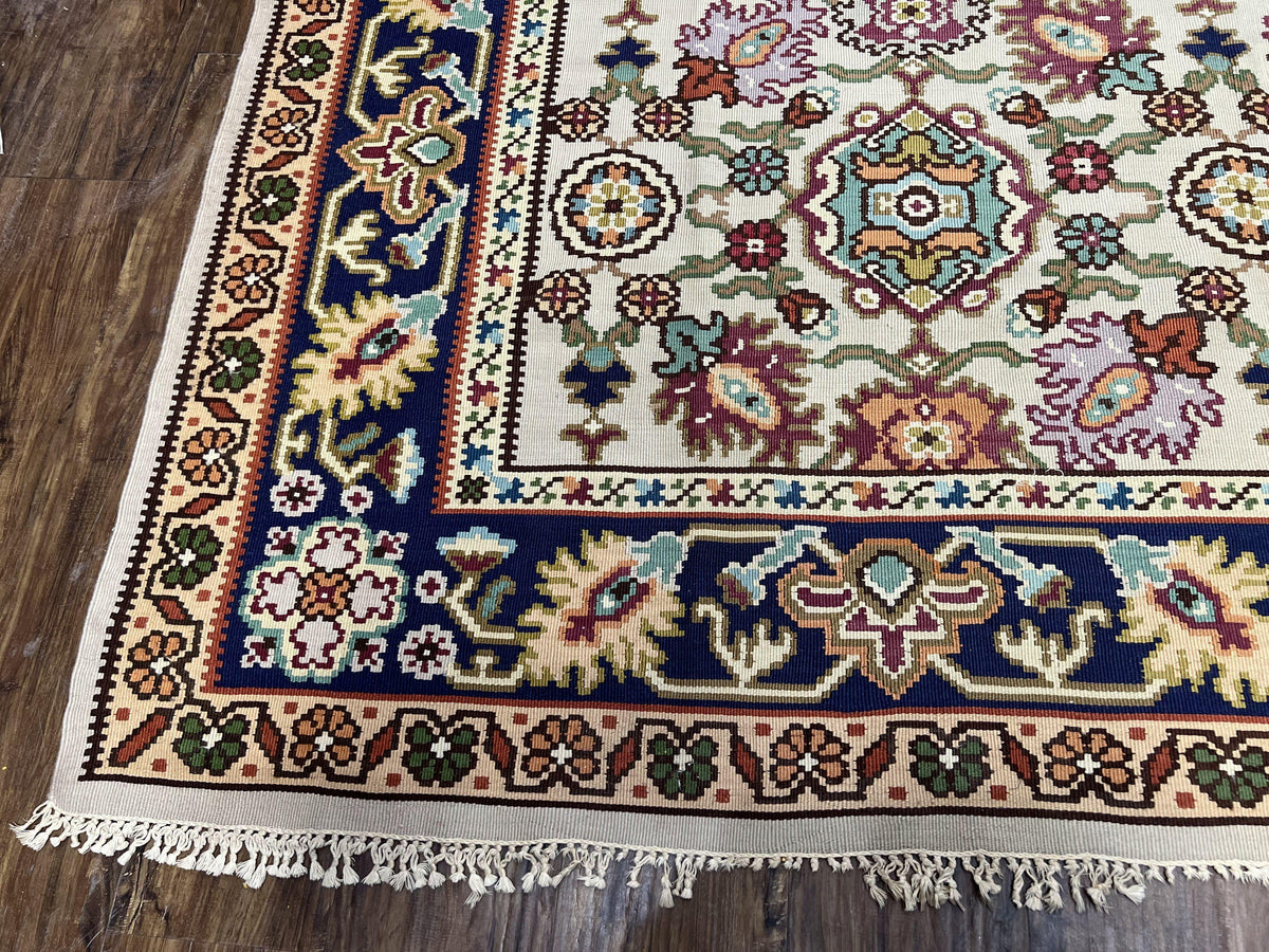 Antique Turkish Kilim Rug 7x10 Allover Pattern, Ivory Cream Maroon Light Blue, Wool Flatweave Hand Woven, Large Kilim, Vintage Kilim Carpet