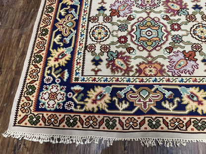 Antique Turkish Kilim Rug 7x10 Allover Pattern, Ivory Cream Maroon Light Blue, Wool Flatweave Hand Woven, Large Kilim, Vintage Kilim Carpet