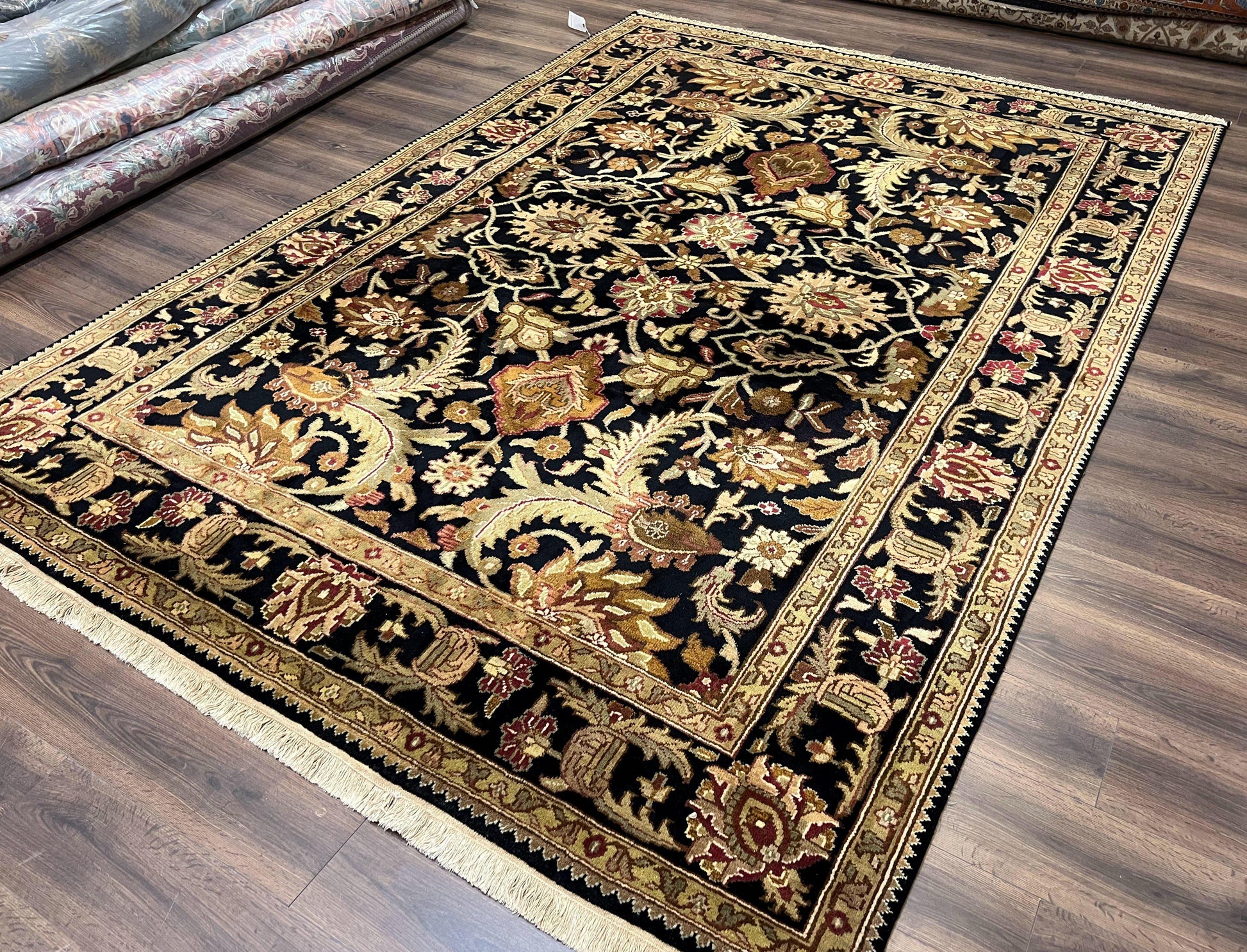 Indo Mahal Sultanabad Rug 8x11, Vintage Indian Oriental Carpet, Wool Handmade Floral Rug 8 x 11 ft, Black Beige Tan, Large Flowers Allover - Nuvé