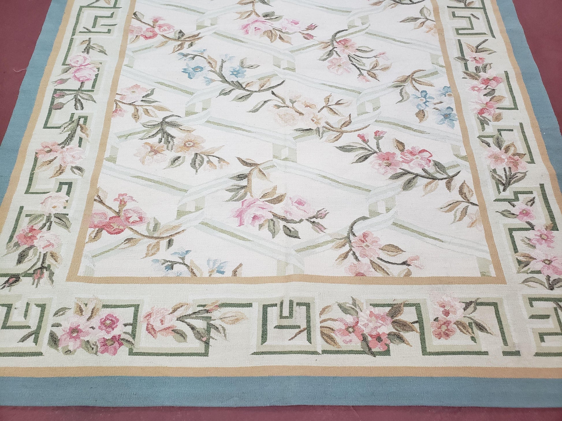 Vintage Aubusson Area Rug, Aubusson Flat weave Carpet, Floral Geometric Pattern, Beige Teal Green, 4x6 Rug, European Design - Nuvé