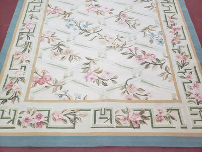 Vintage Aubusson Area Rug, Aubusson Flat weave Carpet, Floral Geometric Pattern, Beige Teal Green, 4x6 Rug, European Design - Nuvé