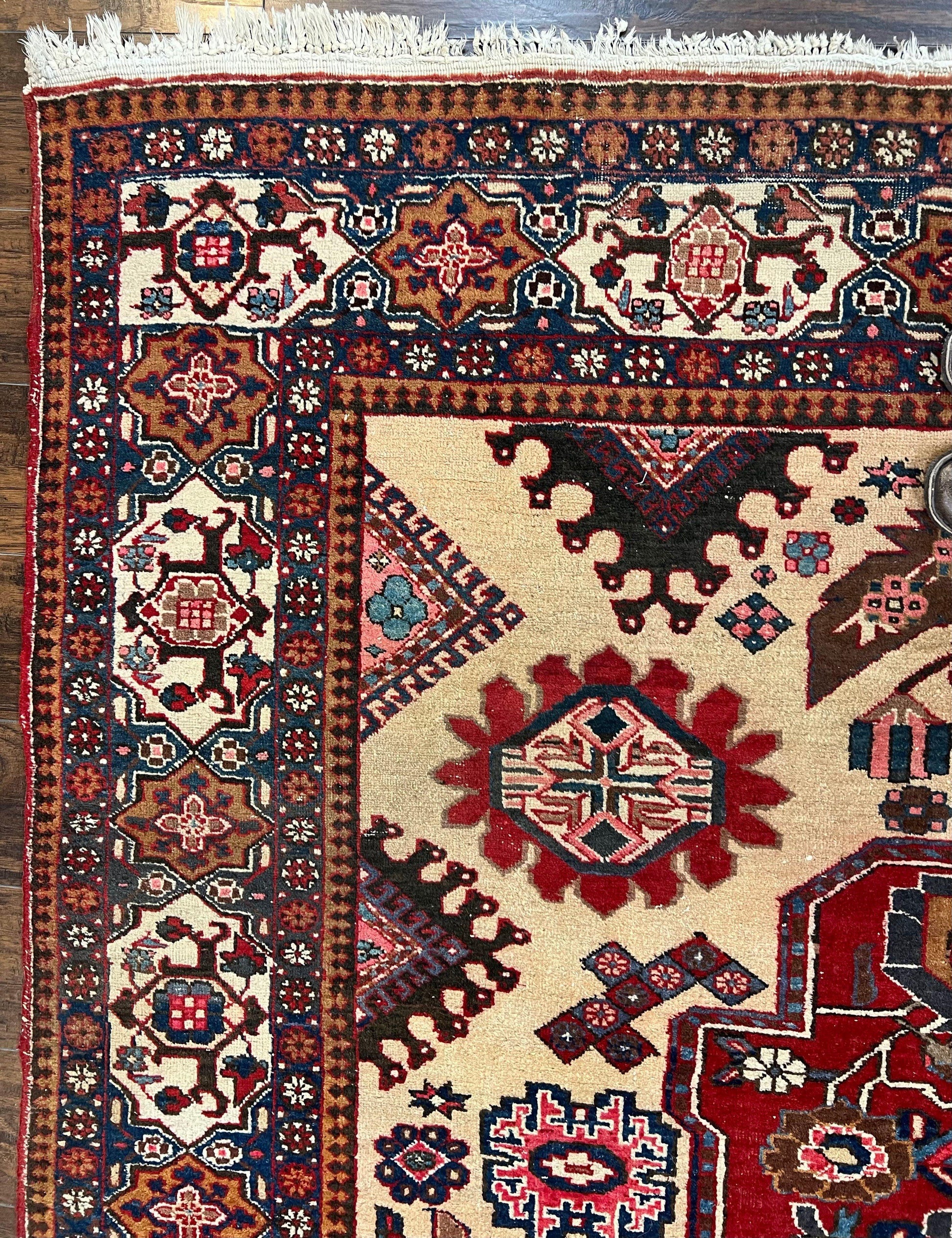 Antique Persian Heriz Rug 8x12 ft, Geometric Tribal Room Sized Carpet, Camel Hair Red Navy Blue, Wool Hand Knotted Medallion Oriental Carpet - Nuvé