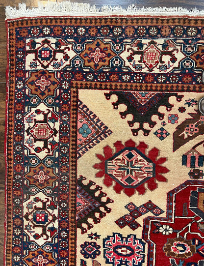 Antique Persian Heriz Rug 8x12 ft, Geometric Tribal Room Sized Carpet, Camel Hair Red Navy Blue, Wool Hand Knotted Medallion Oriental Carpet - Nuvé