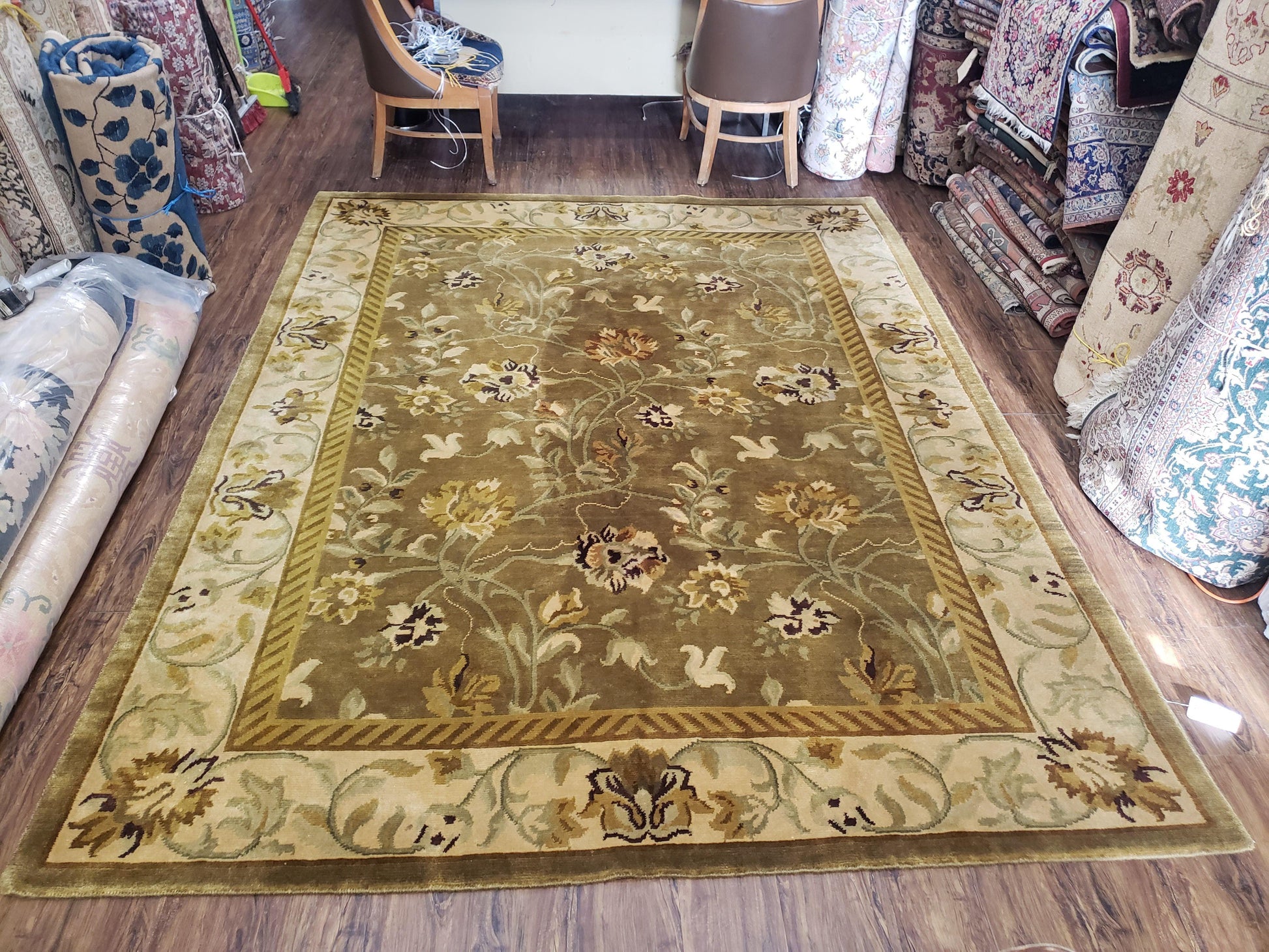 8x10 Rug - Plush Tibetan Rug - Green & Beige Floral Rug - Large Handmade Wool Rug - 250x300 Carpet - Nuvé