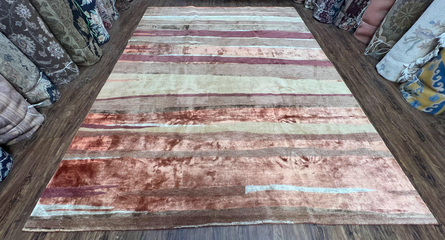 Modern Tibetan Rug 8x11 Nepali Carpet, Shiny Velvely Soft Wool and Silk, Contemporary Hand Knotted Rug, Striped Design, Wool Area Rug 8 x 11 - Nuvé