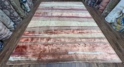 Modern Tibetan Rug 8x11 Nepali Carpet, Shiny Velvely Soft Wool and Silk, Contemporary Hand Knotted Rug, Striped Design, Wool Area Rug 8 x 11 - Nuvé