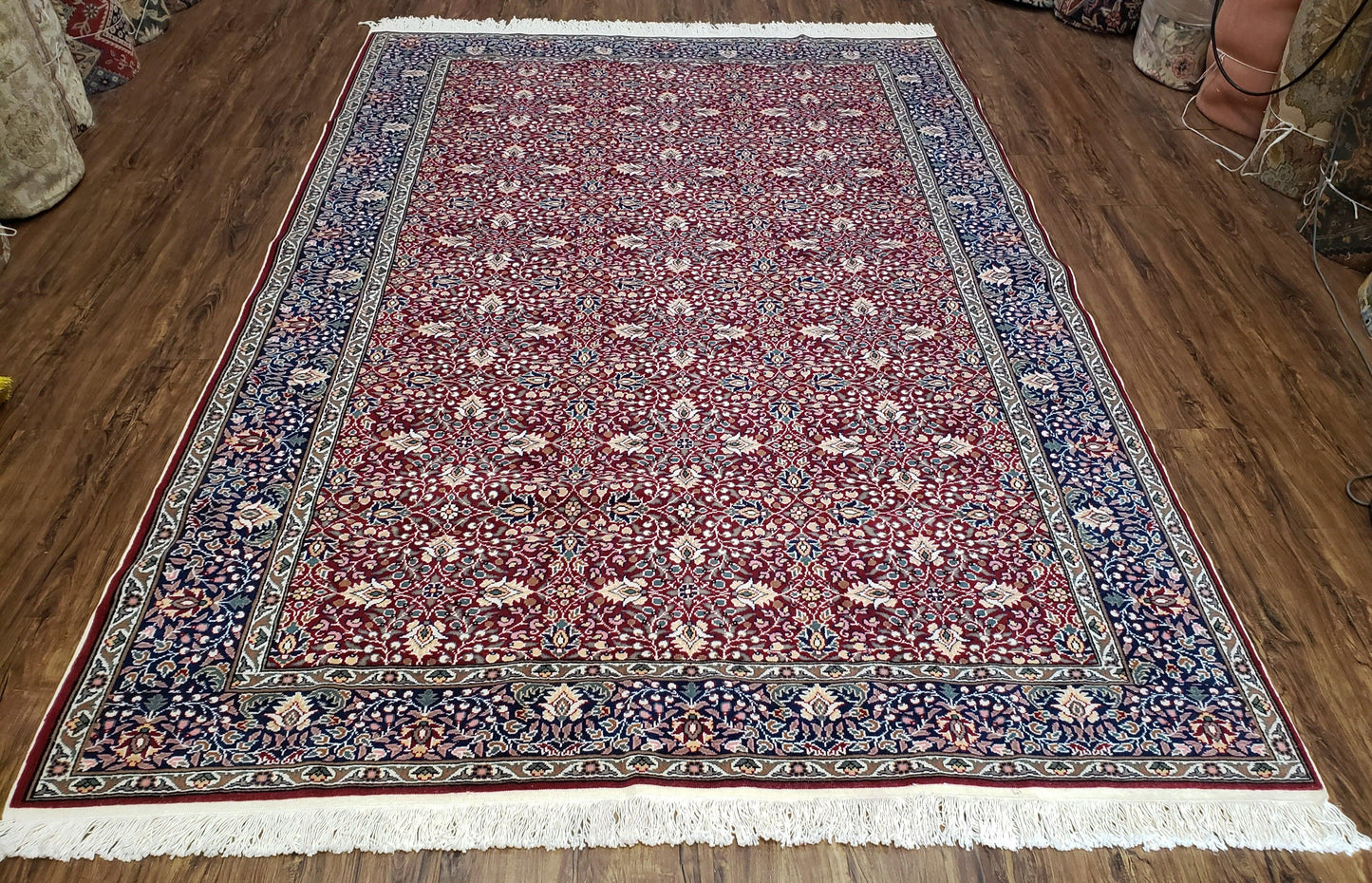 Vintage Turkish Sivas Area Rug 6.5 x 9.5, Wool Hand-Knotted Red & Midnight Blue Allover Floral Pattern Oriental Carpet, 6x9 Traditional Rug - Nuvé