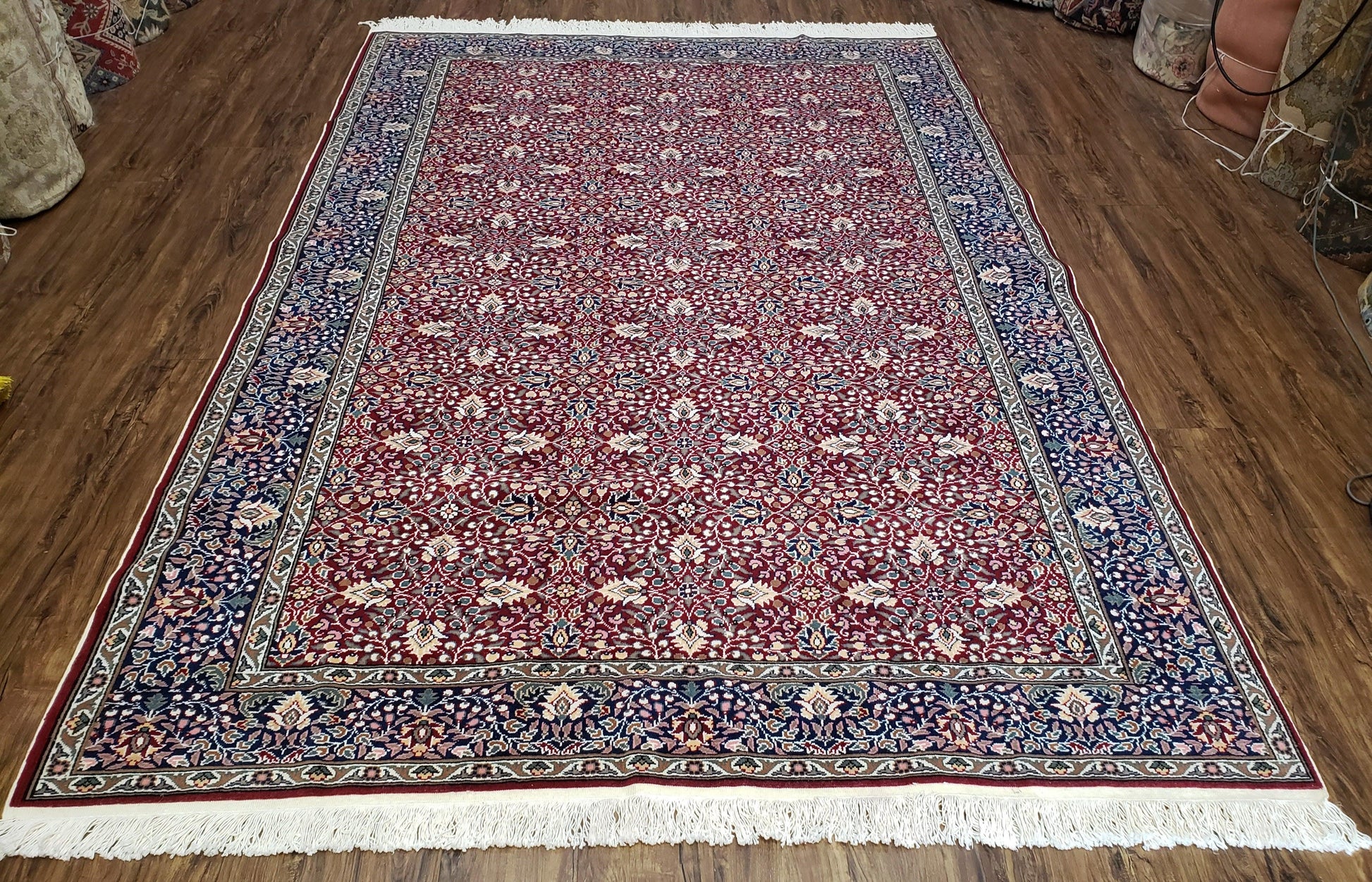Vintage Turkish Sivas Area Rug 6.5 x 9.5, Wool Hand-Knotted Red & Midnight Blue Allover Floral Pattern Oriental Carpet, 6x9 Traditional Rug - Nuvé