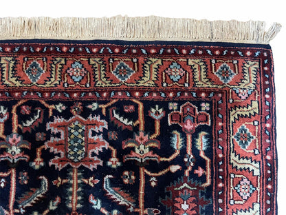 4x6 Vintage Handmade Wool Geometric Rug Organic Dyes Blue Red Hand-Knotted Rug - Nuvé