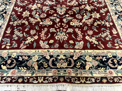 Indo Persian Rug 8x10, Floral Allover with Bird Pictorials, Maroon and Navy Blue, Handmade Wool Area Rug - Nuvé