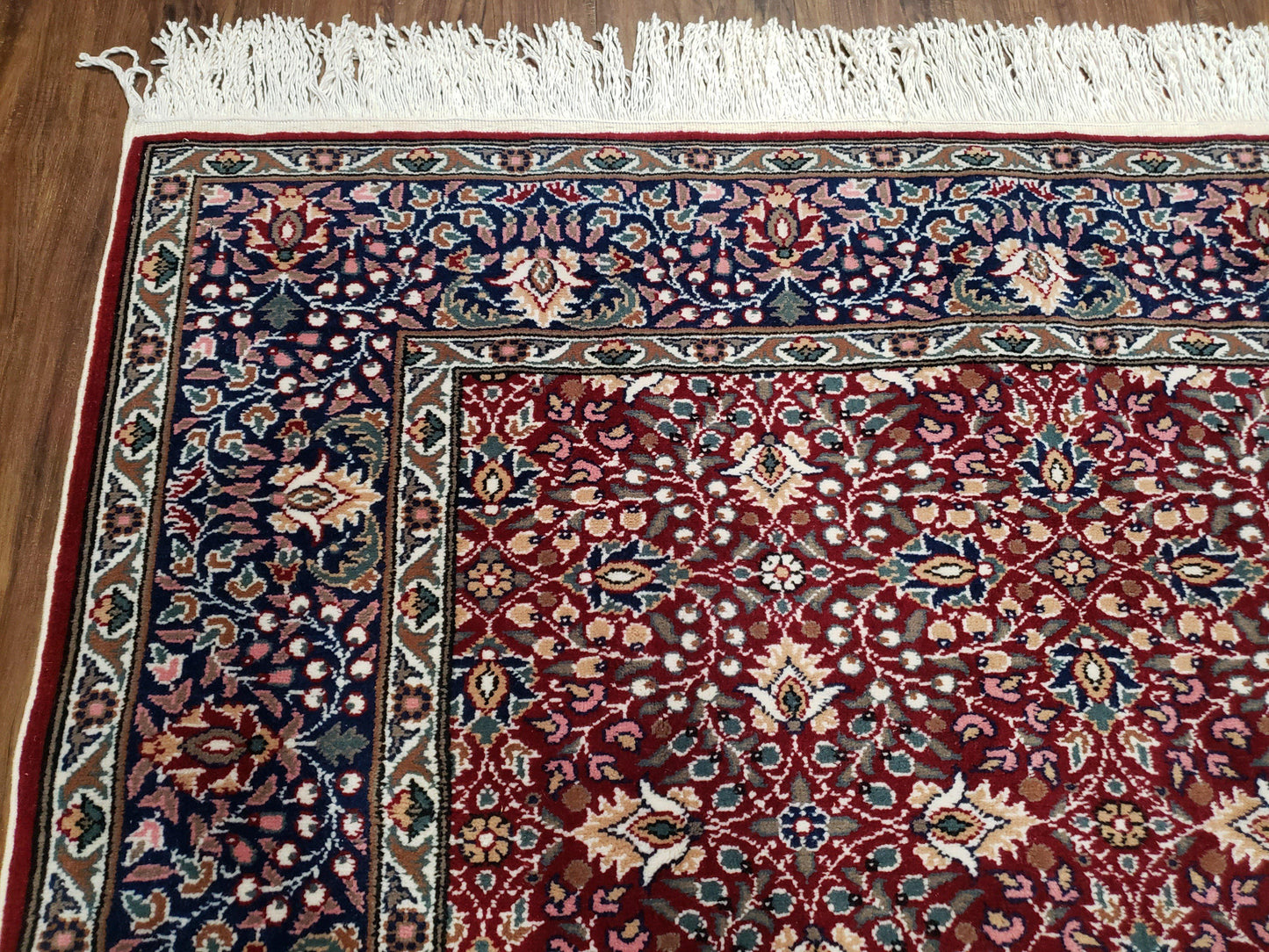 Vintage Turkish Sivas Area Rug 6.5 x 9.5, Wool Hand-Knotted Red & Midnight Blue Allover Floral Pattern Oriental Carpet, 6x9 Traditional Rug - Nuvé