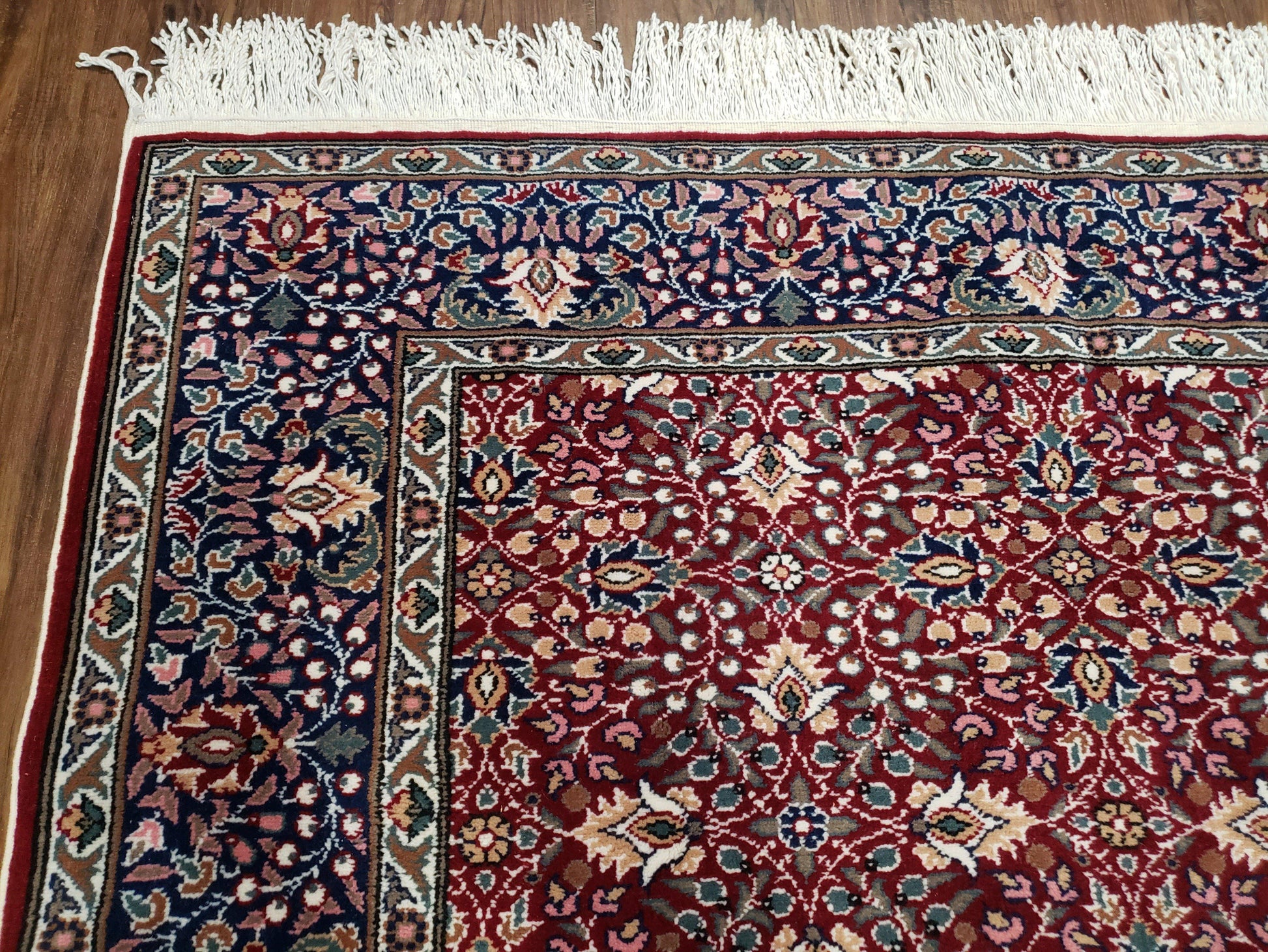 Vintage Turkish Sivas Area Rug 6.5 x 9.5, Wool Hand-Knotted Red & Midnight Blue Allover Floral Pattern Oriental Carpet, 6x9 Traditional Rug - Nuvé