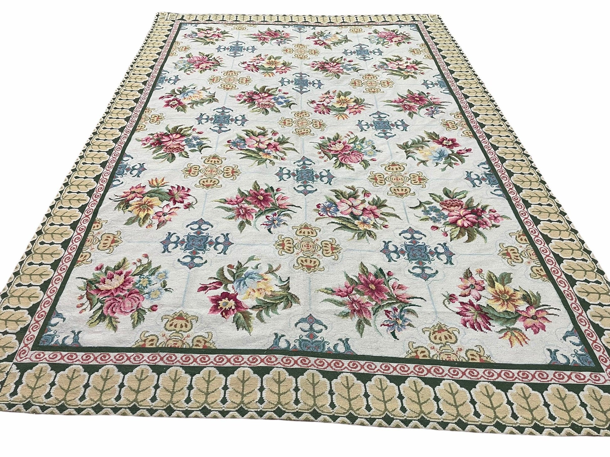 Hand-Knotted Needlepoint Carpet 6x9, Ivory/Cream Background, Colorful Flowers, Yellow Border, Aubusson Rug 6 x 9, New, Handmade - Nuvé