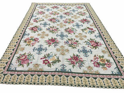 Hand-Knotted Needlepoint Carpet 6x9, Ivory/Cream Background, Colorful Flowers, Yellow Border, Aubusson Rug 6 x 9, New, Handmade - Nuvé