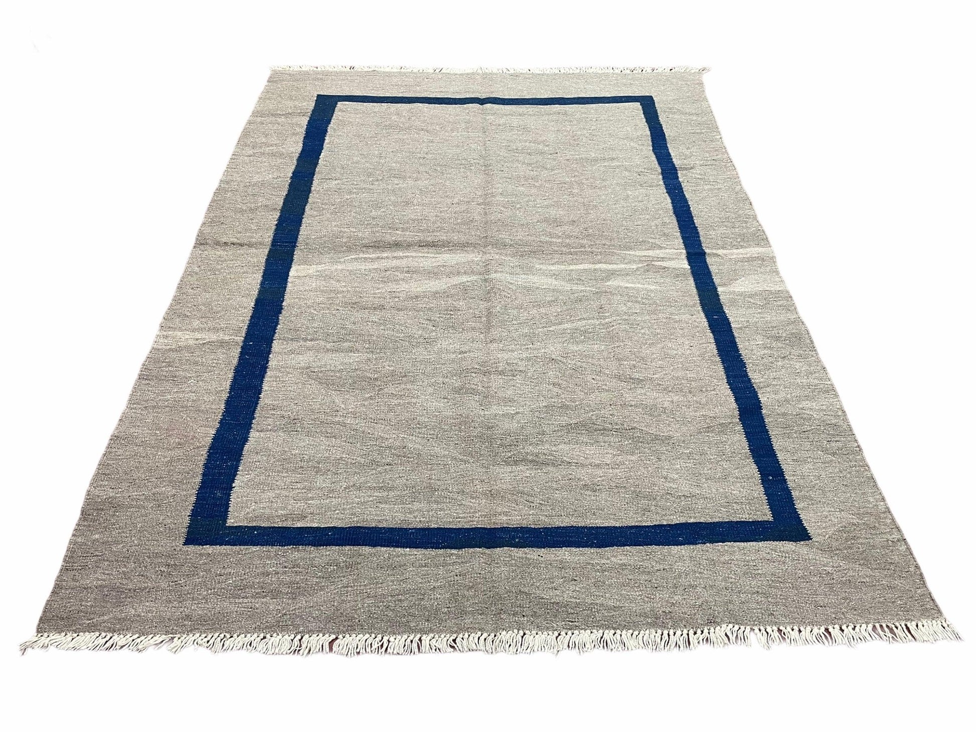Geometric Turkish Kilim Rug 5' 7" x 7' 9", Flatweave Carpet, Minimal Design, Anatolian Carpet, Gray, Geometric, Dark Blue, Hand-Knotted, New - Nuvé