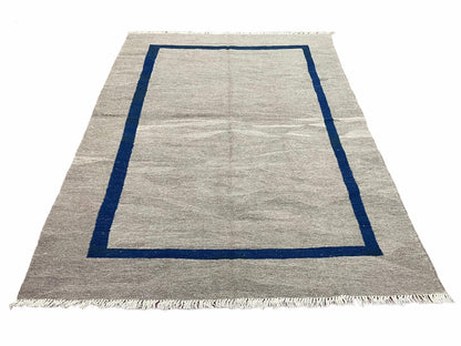 Geometric Turkish Kilim Rug 5' 7" x 7' 9", Flatweave Carpet, Minimal Design, Anatolian Carpet, Gray, Geometric, Dark Blue, Hand-Knotted, New - Nuvé