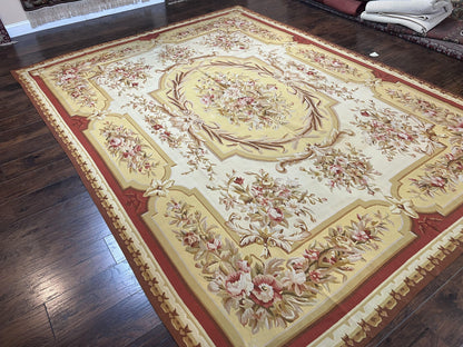 Aubusson Rug 9x12, Elegant Flatweave Savonnerie Carpet 9 x 12 ft, Ivory Light Yellow Red, Handmade Wool Flatweave French European Rug - Nuvé