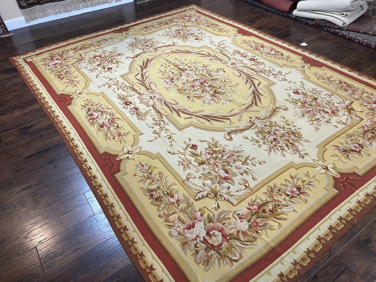 Aubusson Rug 9x12, Elegant Flatweave Savonnerie Carpet 9 x 12 ft, Ivory Light Yellow Red, Handmade Wool Flatweave French European Rug
