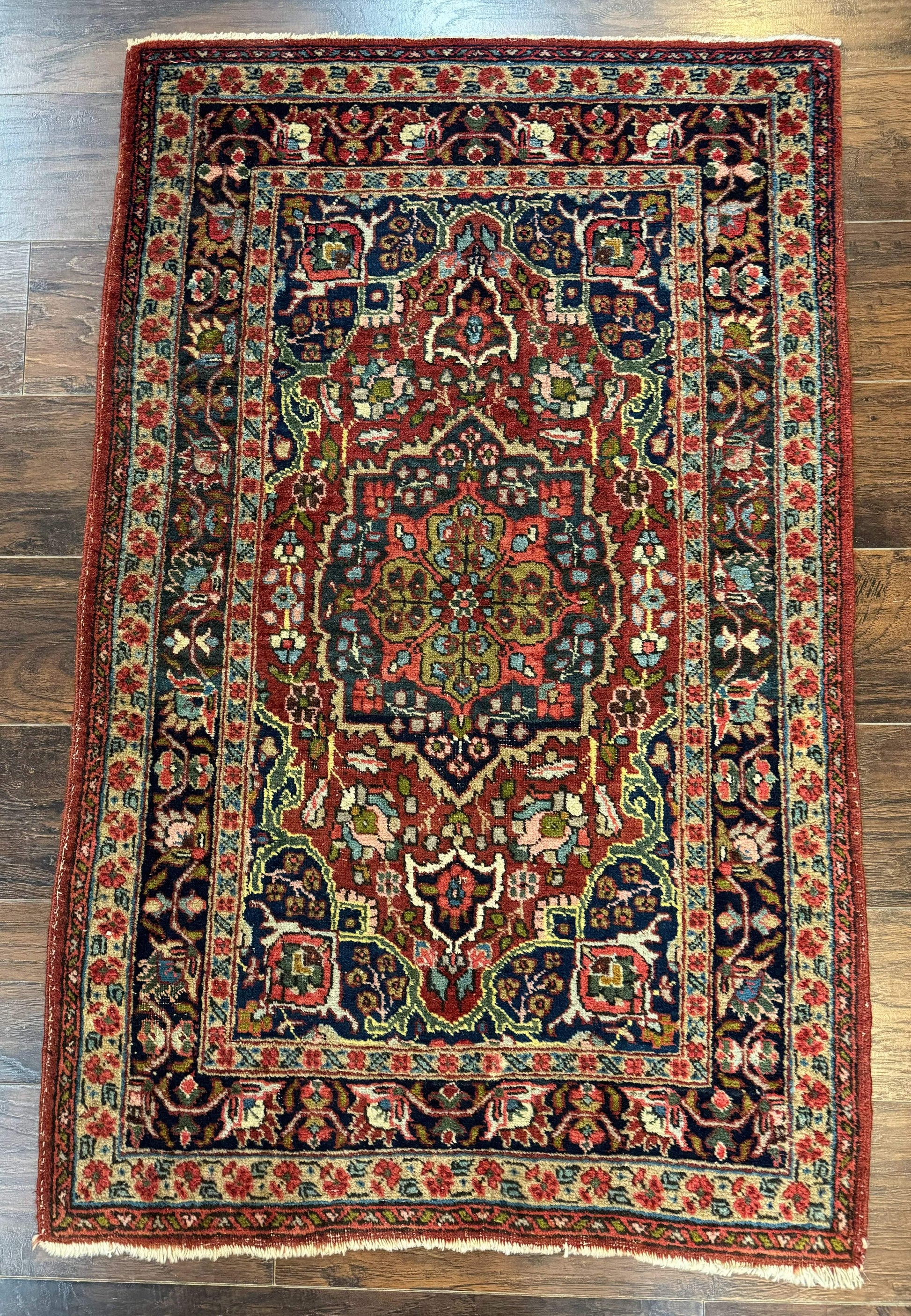 Antique Persian Tabriz Rug 3x5, Brick Red Navy Blue, Floral Medallion, Small Persian Carpet - Nuvé