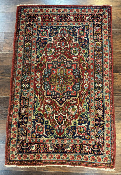 Antique Persian Tabriz Rug 3x5, Brick Red Navy Blue, Floral Medallion, Small Persian Carpet - Nuvé