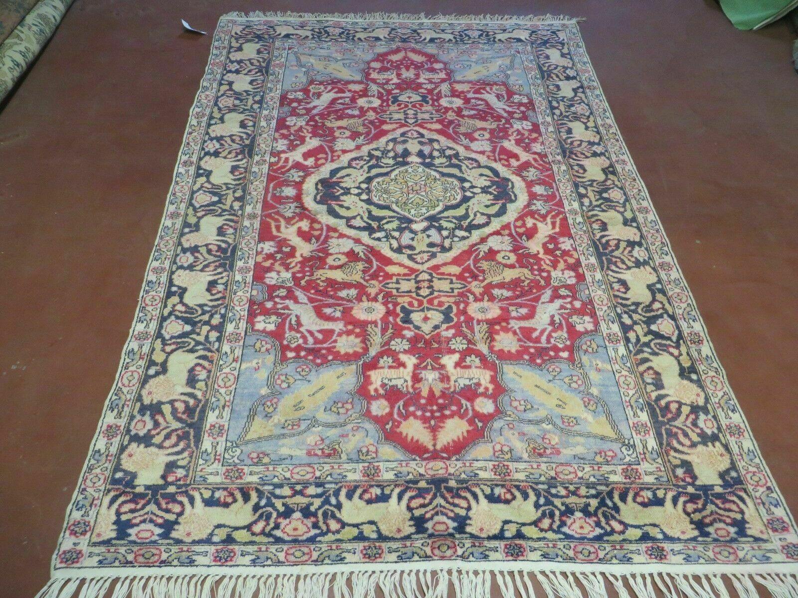 Antique Silk Turkish Kayseri Rug 4.5 x 6.7, Animal Pictorials Lions Deer Floral Medallion, Red Light Blue Navy, Hand Knotted Oriental Carpet - Nuvé