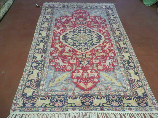 Antique Silk Turkish Kayseri Rug 4.5 x 6.7, Animal Pictorials Lions Deer Floral Medallion, Red Light Blue Navy, Hand Knotted Oriental Carpet - Nuvé