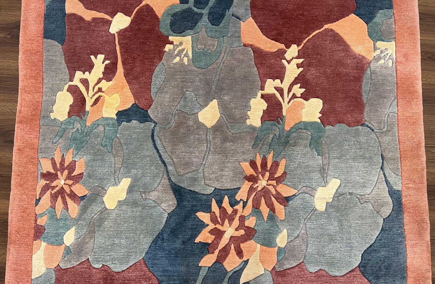 Modern Tibetan Rug 5.7 x 7.9, Abstract Multicolor Flower Pattern, Navy Blue Maroon Salmon, Soft Wool, Hand Knotted Contemporary Carpet 6x8 - Nuvé