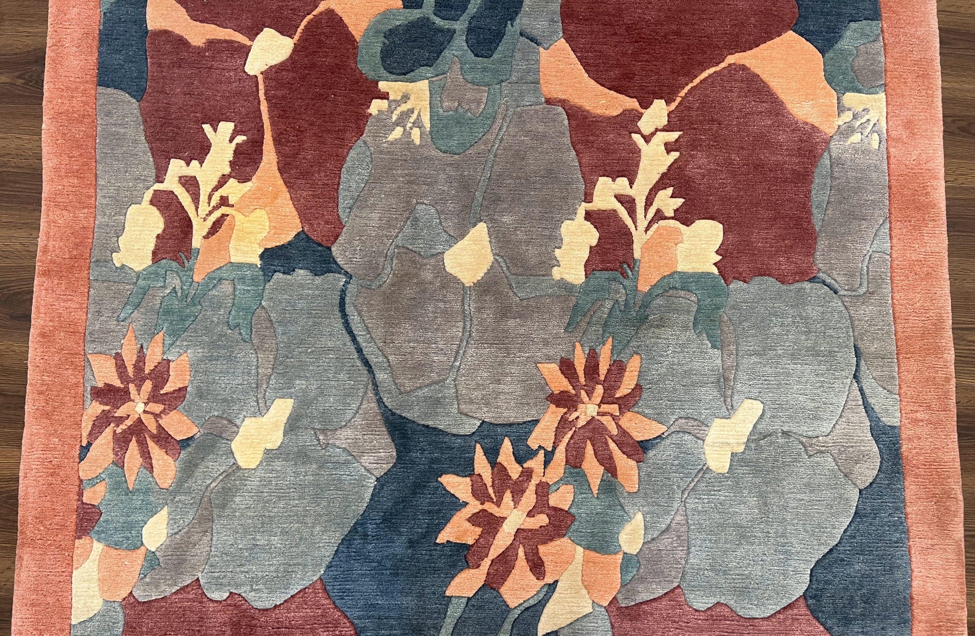 Modern Tibetan Rug 5.7 x 7.9, Abstract Multicolor Flower Pattern, Navy Blue Maroon Salmon, Soft Wool, Hand Knotted Contemporary Carpet 6x8 - Nuvé